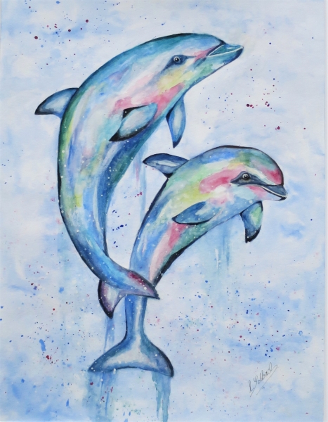 Aquarell-Gemälde eines Delfinpärchens von Künstlerin Claudia Solbach